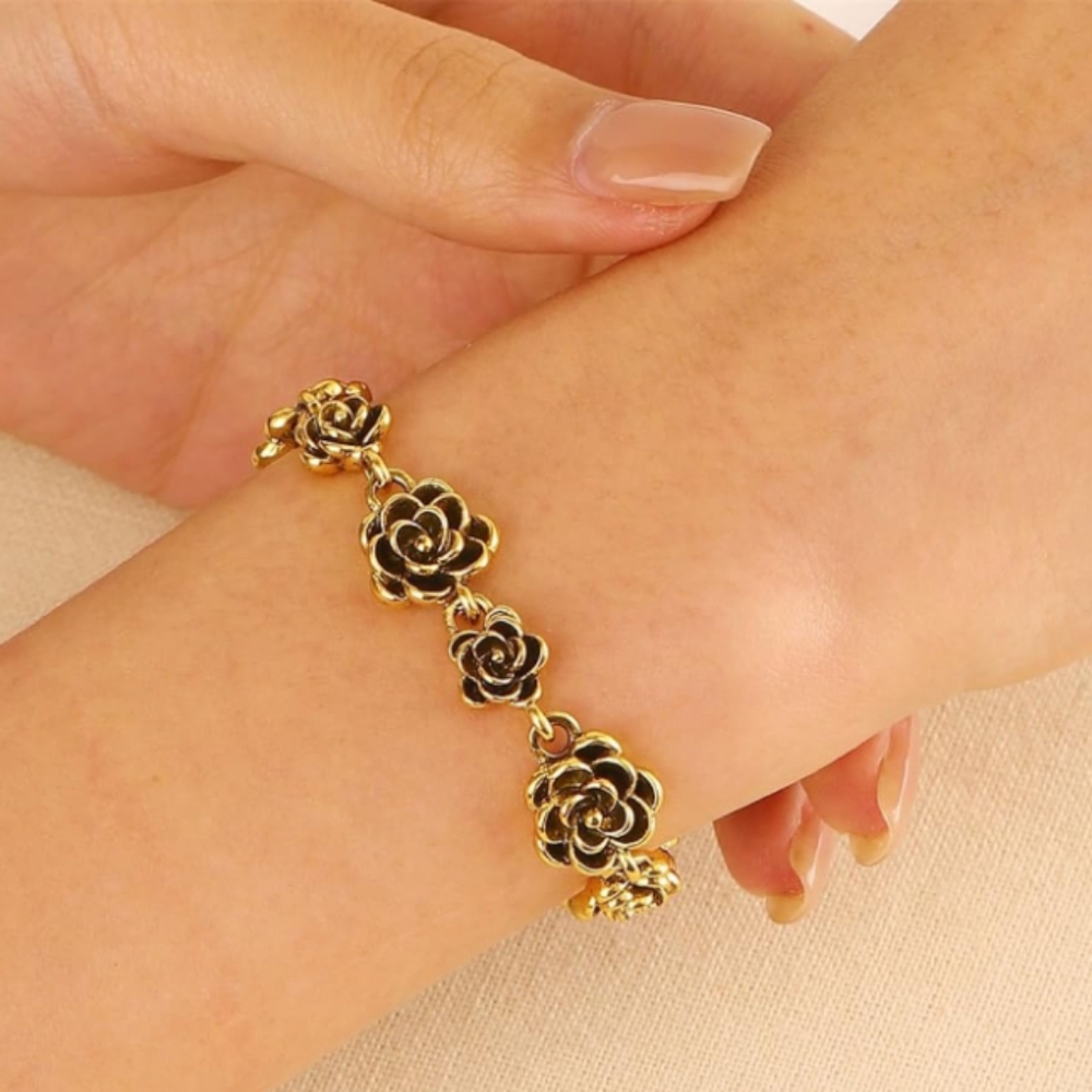 Camellia Rose Gold Black Flower Links Bracelet Floral Link 3D Flowers Roses New